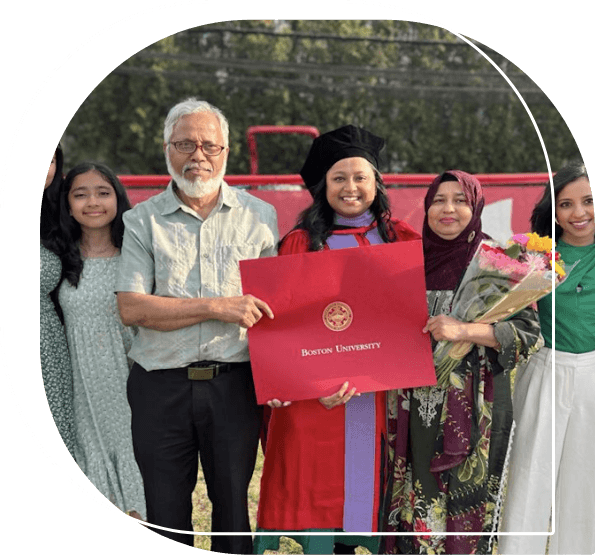 Doctor Latif in graduation robes with her family holding her diploma from Boston University