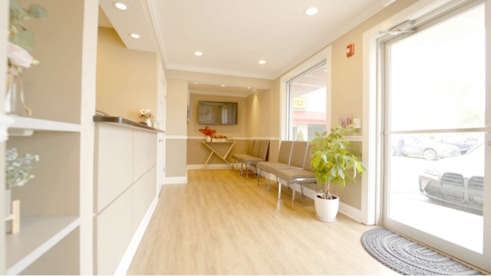 Front door and reception desk at Clover Dental Care